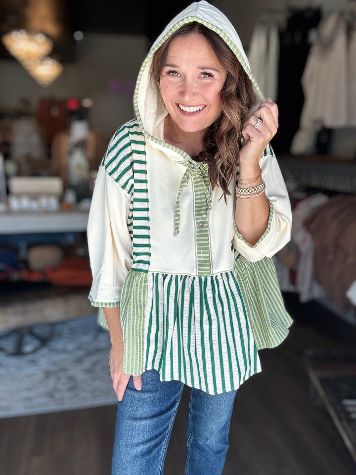 Green Stripe Patchwork Hoodie