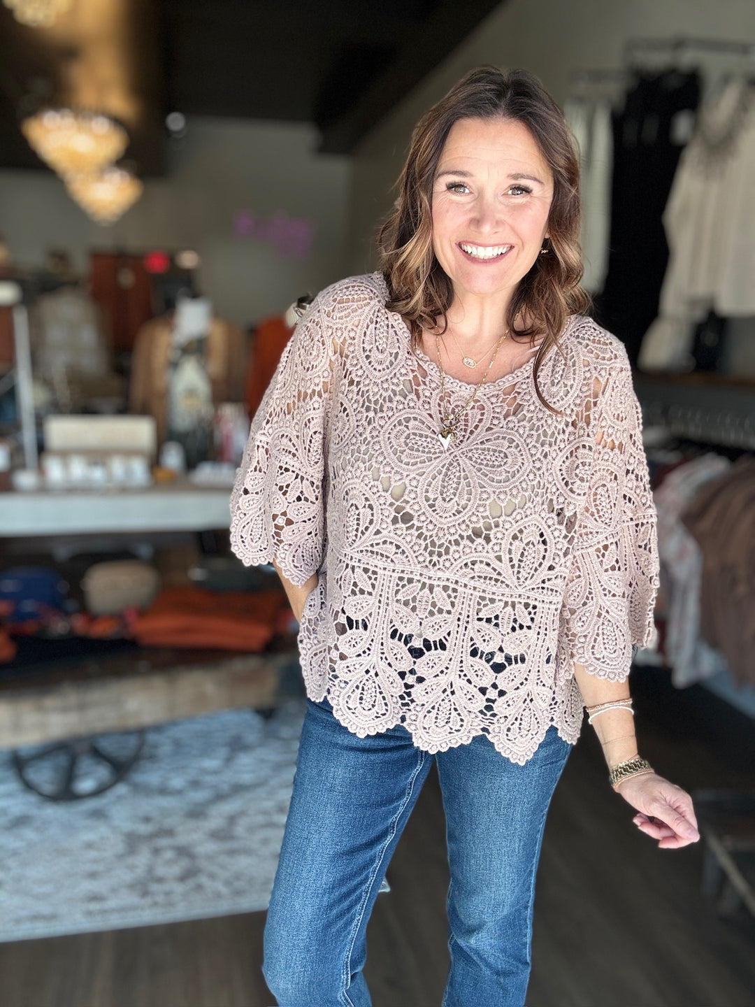Taupe Crochet Lace Top