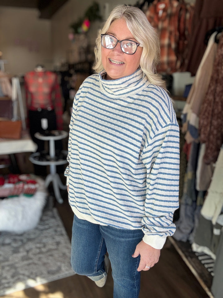 Mock Neck Blue Striped Sweatshirt