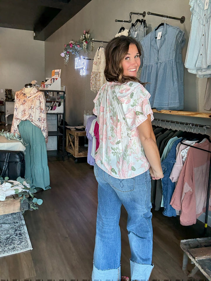 Pink Floral Striped Contrast Blouse