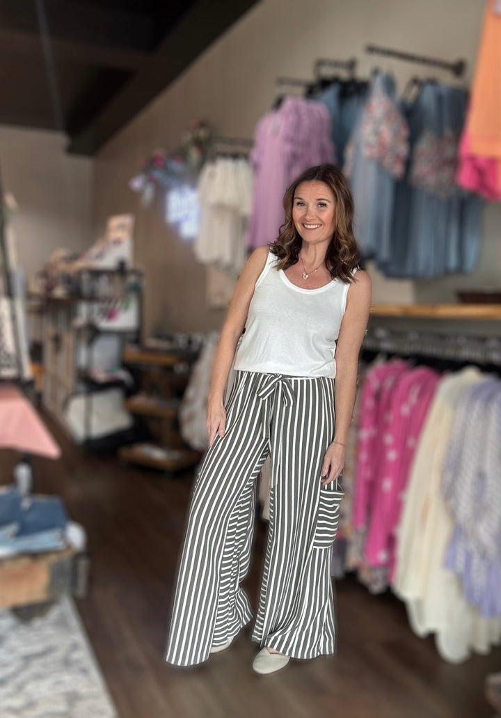 Olive Stripe Wide Leg Pants