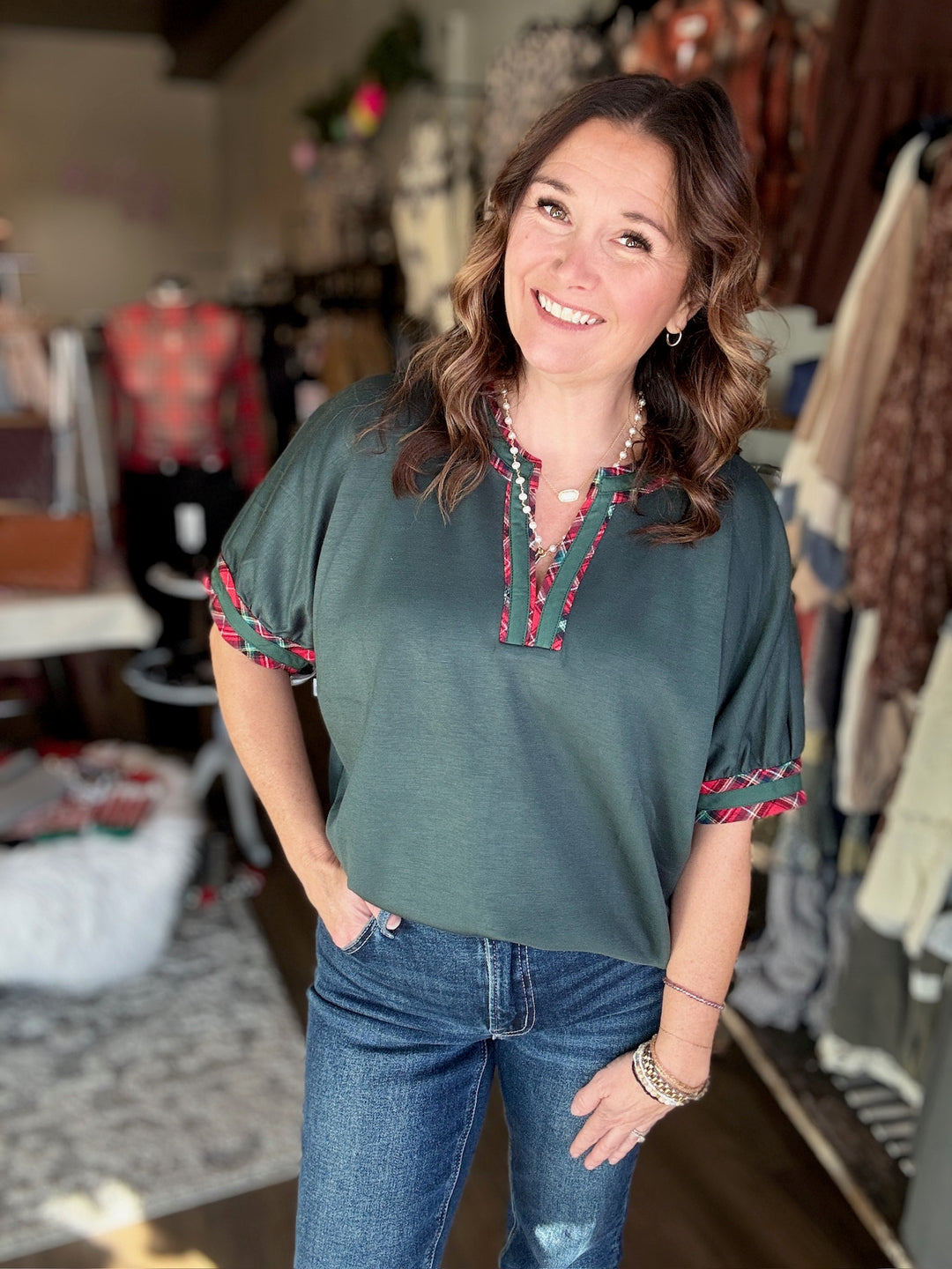 Green & Red Plaid Blouse