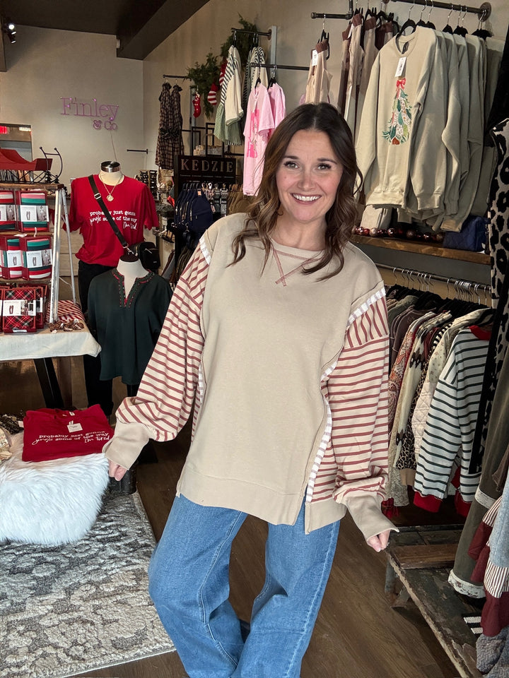 Oversized Tan Stripe Contrast Sweatshirt