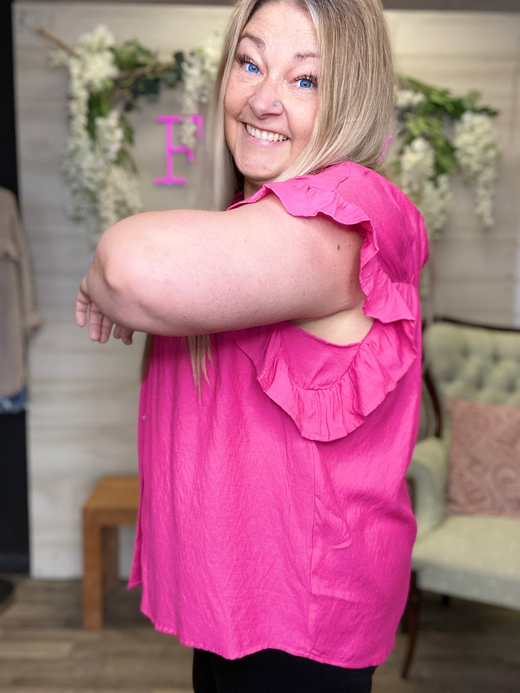 Hot Pink Button Up Dressy Top with Drop Sleeve