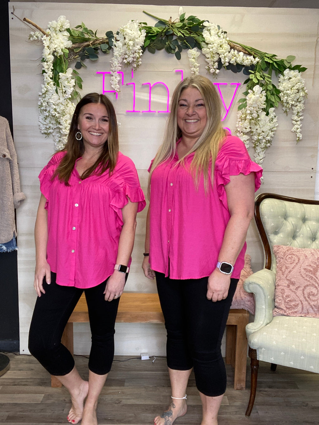 Hot Pink Button Up Dressy Top with Drop Sleeve