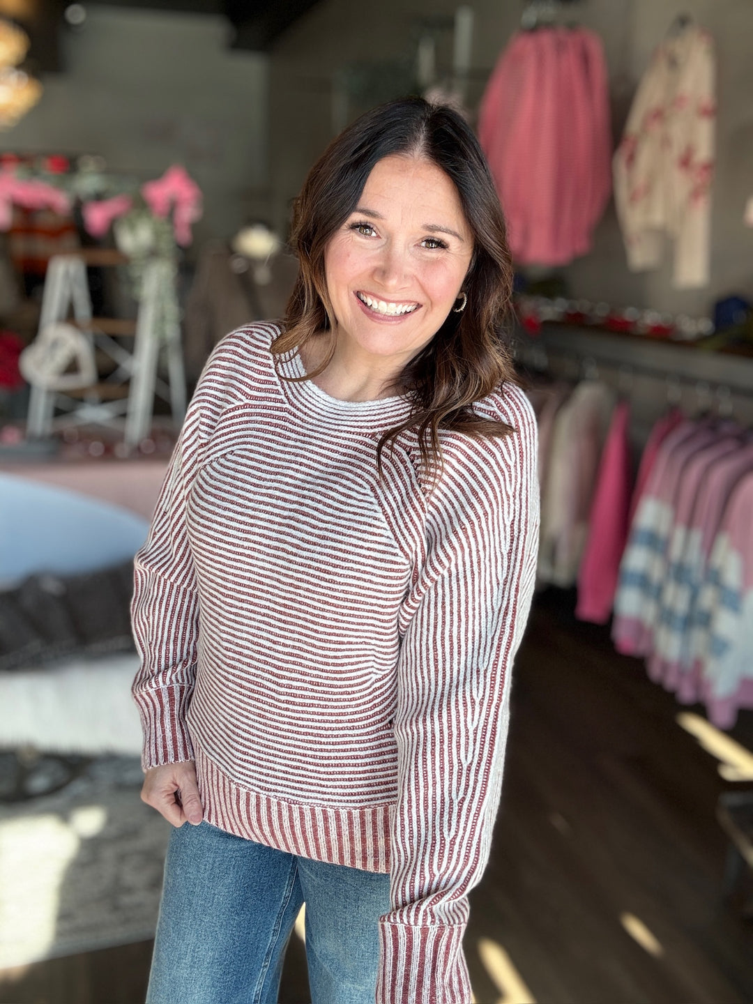 Striped Ribbed Boat Neck Sweater