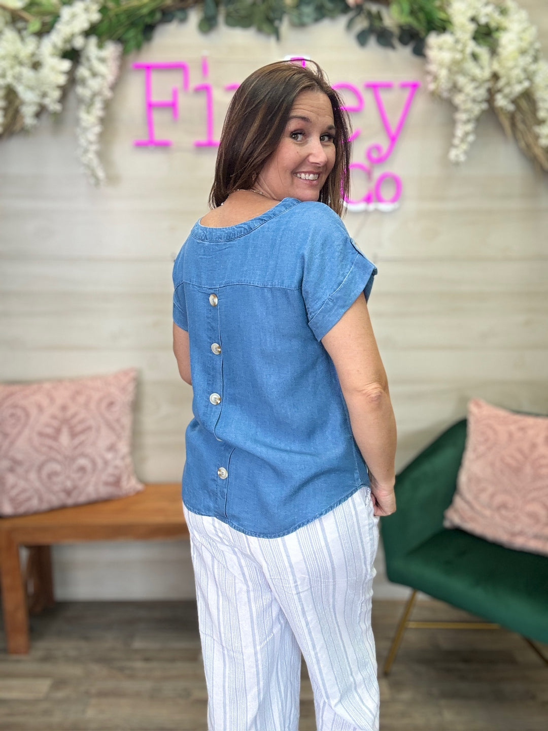 Back Button Chambray Top