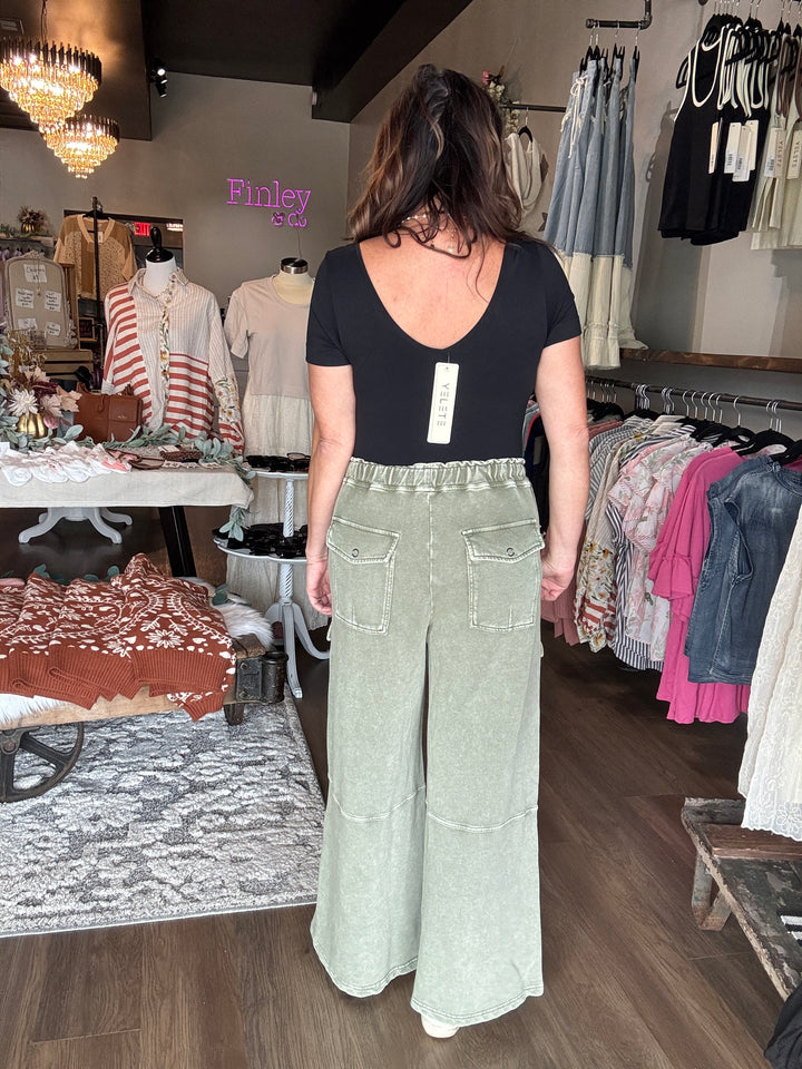 Green Washed Cargo Wide Leg Pants