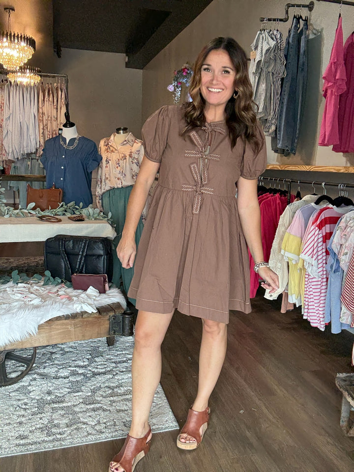 Brown Front Tie Babydoll Dress