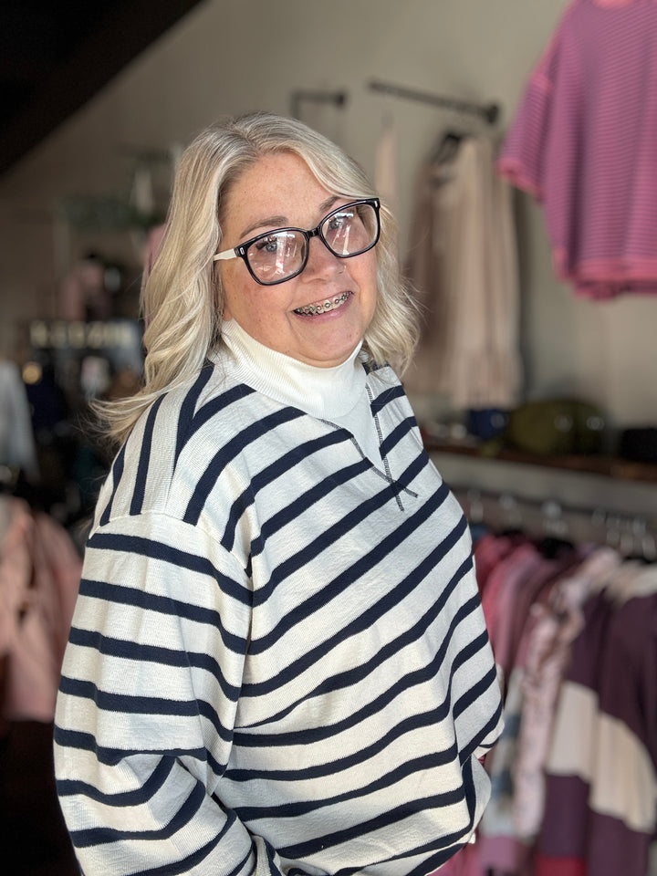 Navy Striped Mock Neck Sweatshirt