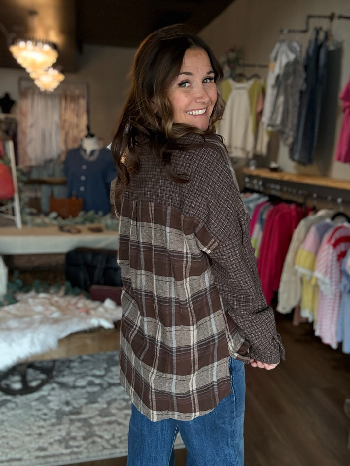 Colorblock Brown Plaid Button Up