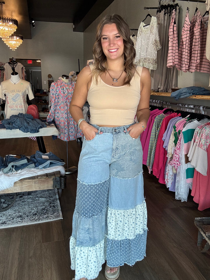 Wide Leg Denim Patchwork Pants