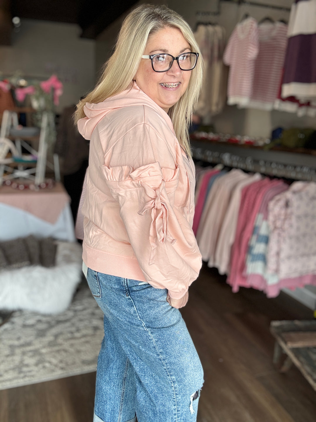 Blushing Bow Zip Up Sweatshirt