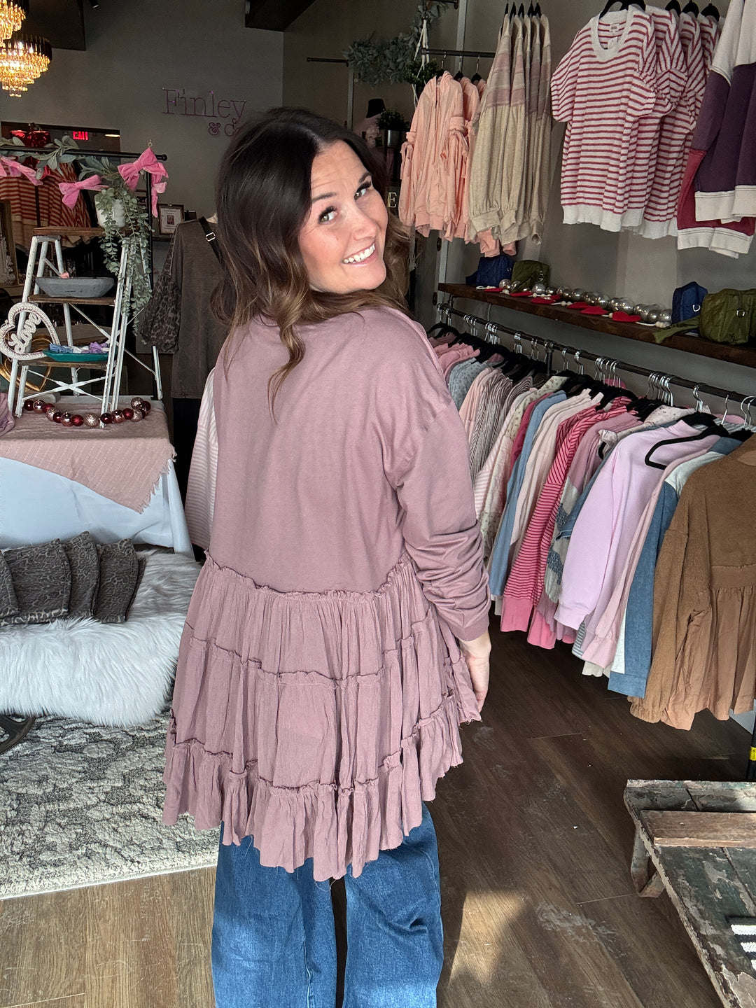 Flirty Mauve Tiered Ruffle Hem Sweatshirt