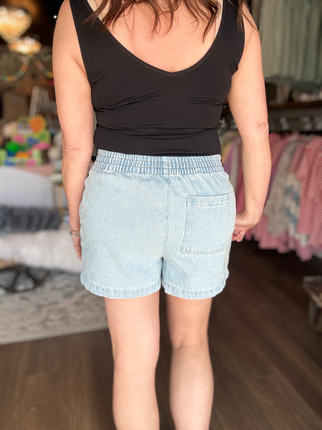 Elastic Waist Mineral Wash Denim Shorts