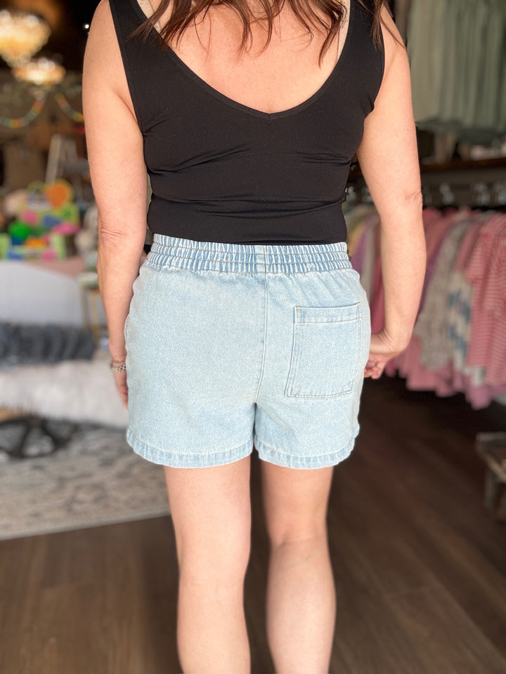 Elastic Waist Mineral Wash Denim Shorts