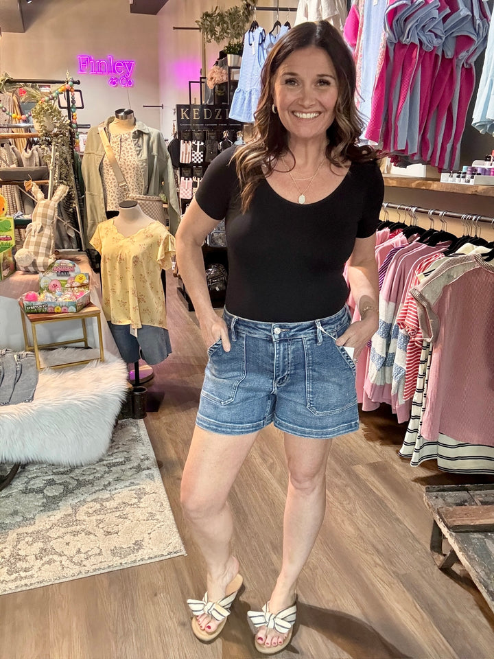 Lovervet High Rise Patch Pocket Denim Shorts