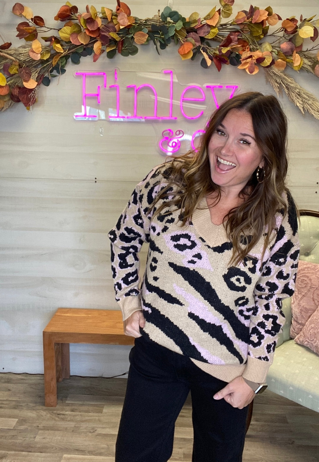 Pink & Black Leopard Print Sweater