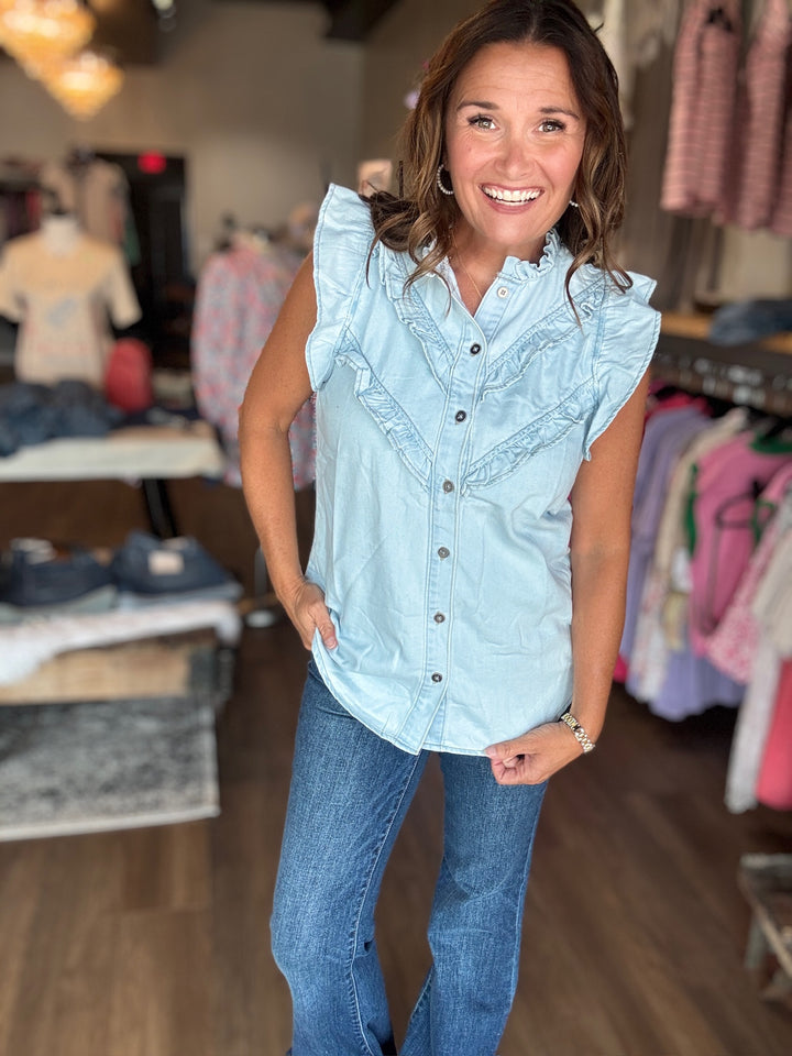 Mineral Washed Denim Button Up Top