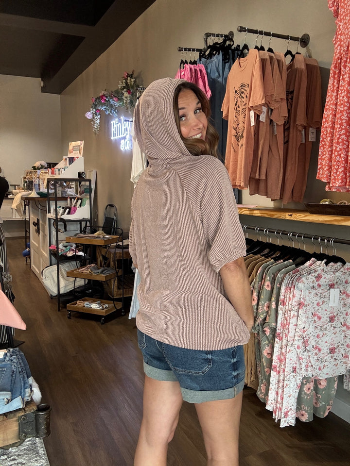 Cocoa Ribbed Hooded Top