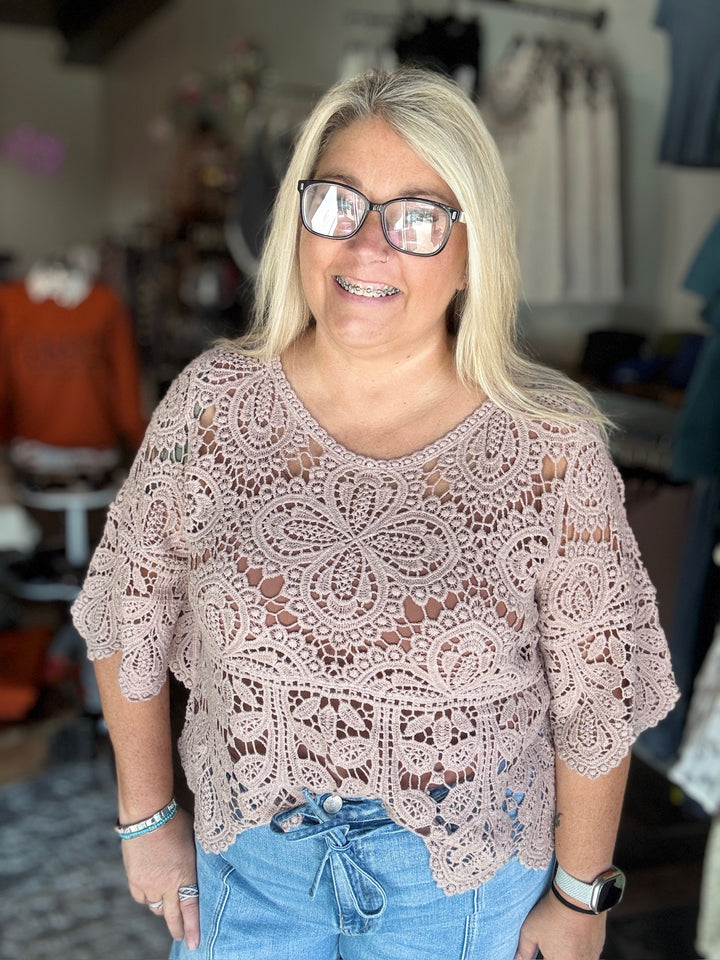 Taupe Crochet Lace Top