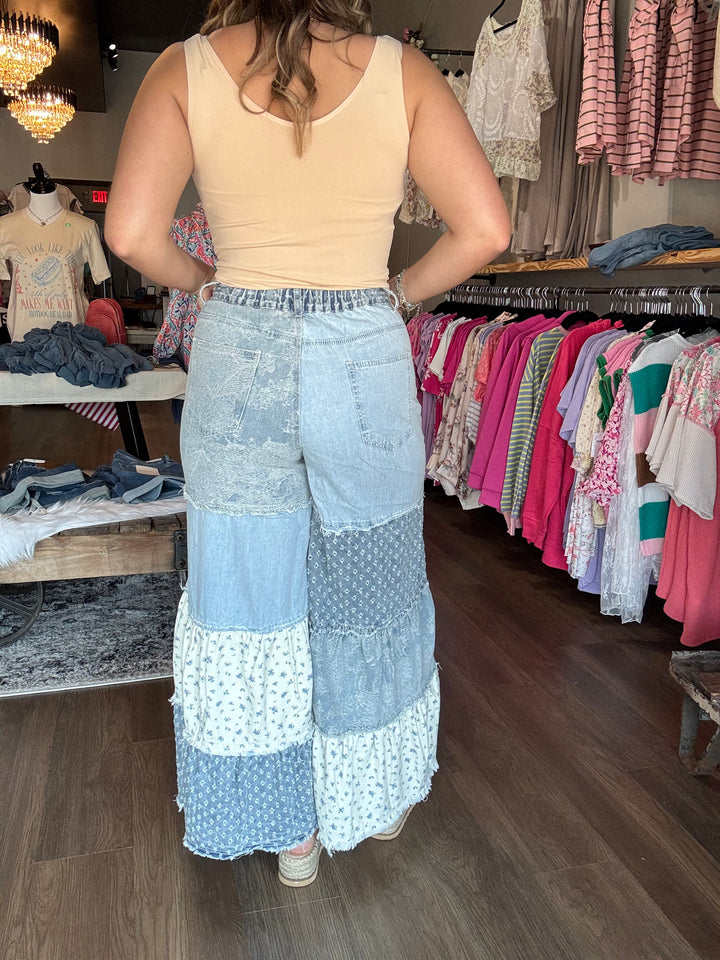 Wide Leg Denim Patchwork Pants