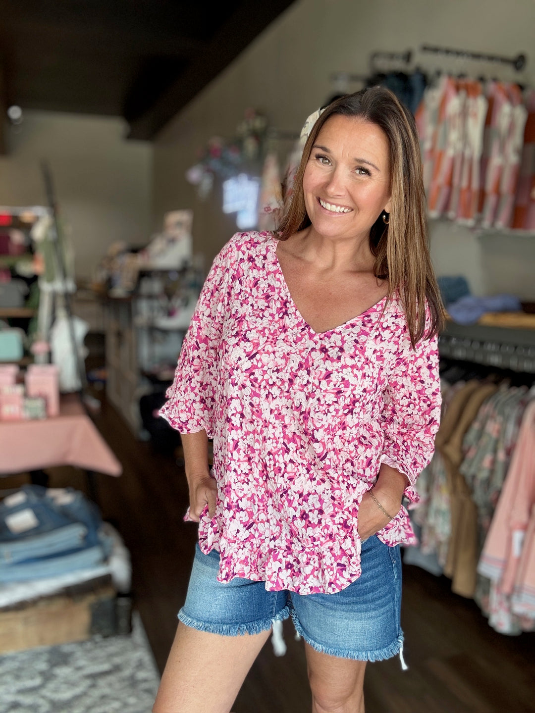 Pink Floral Ruffle Hem Top