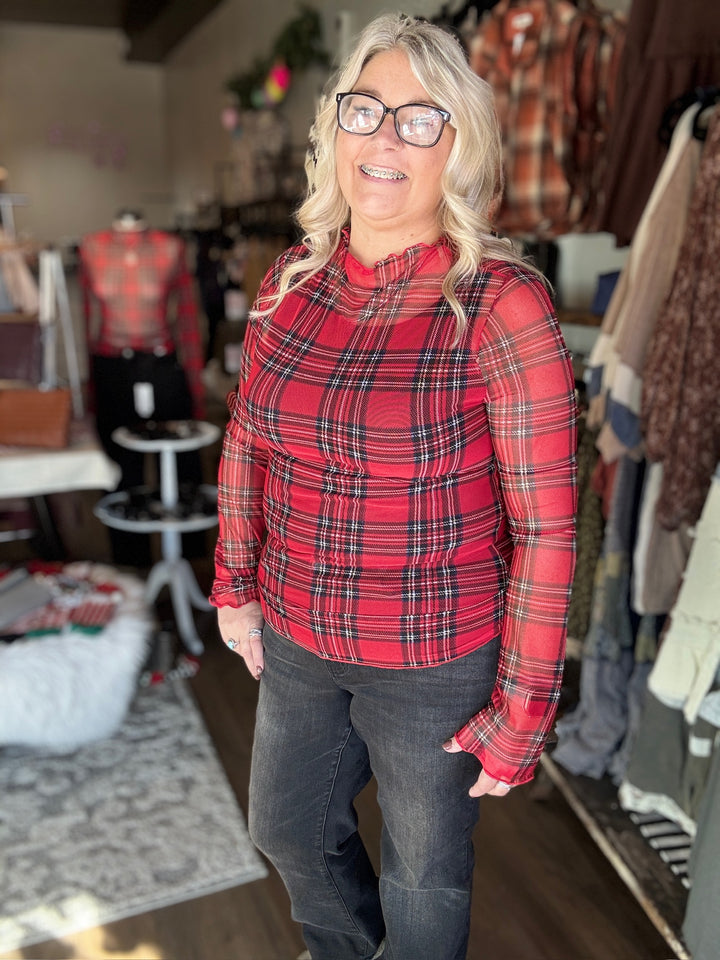 Red Plaid Mesh Top