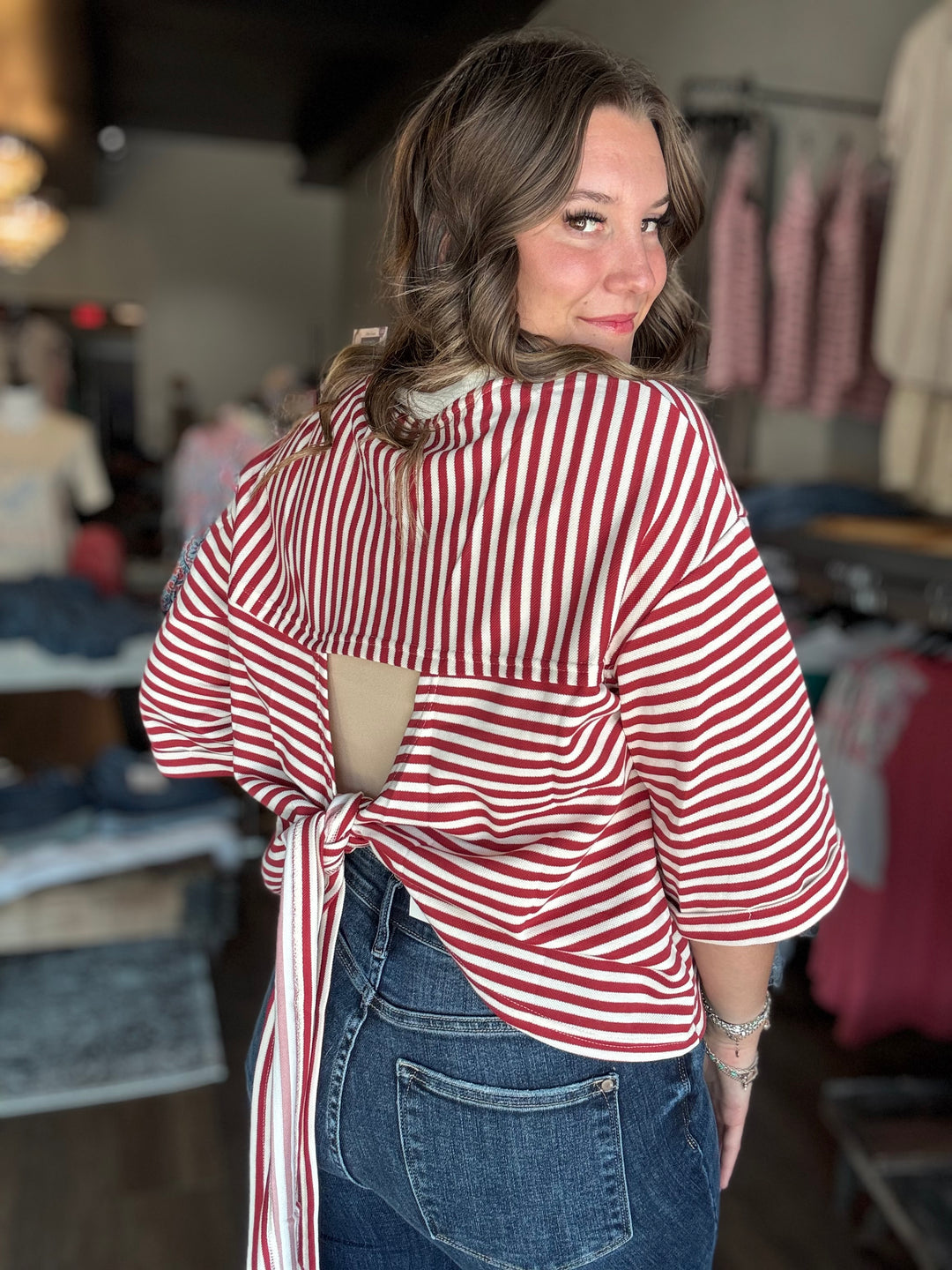 Red Striped Cutout Top