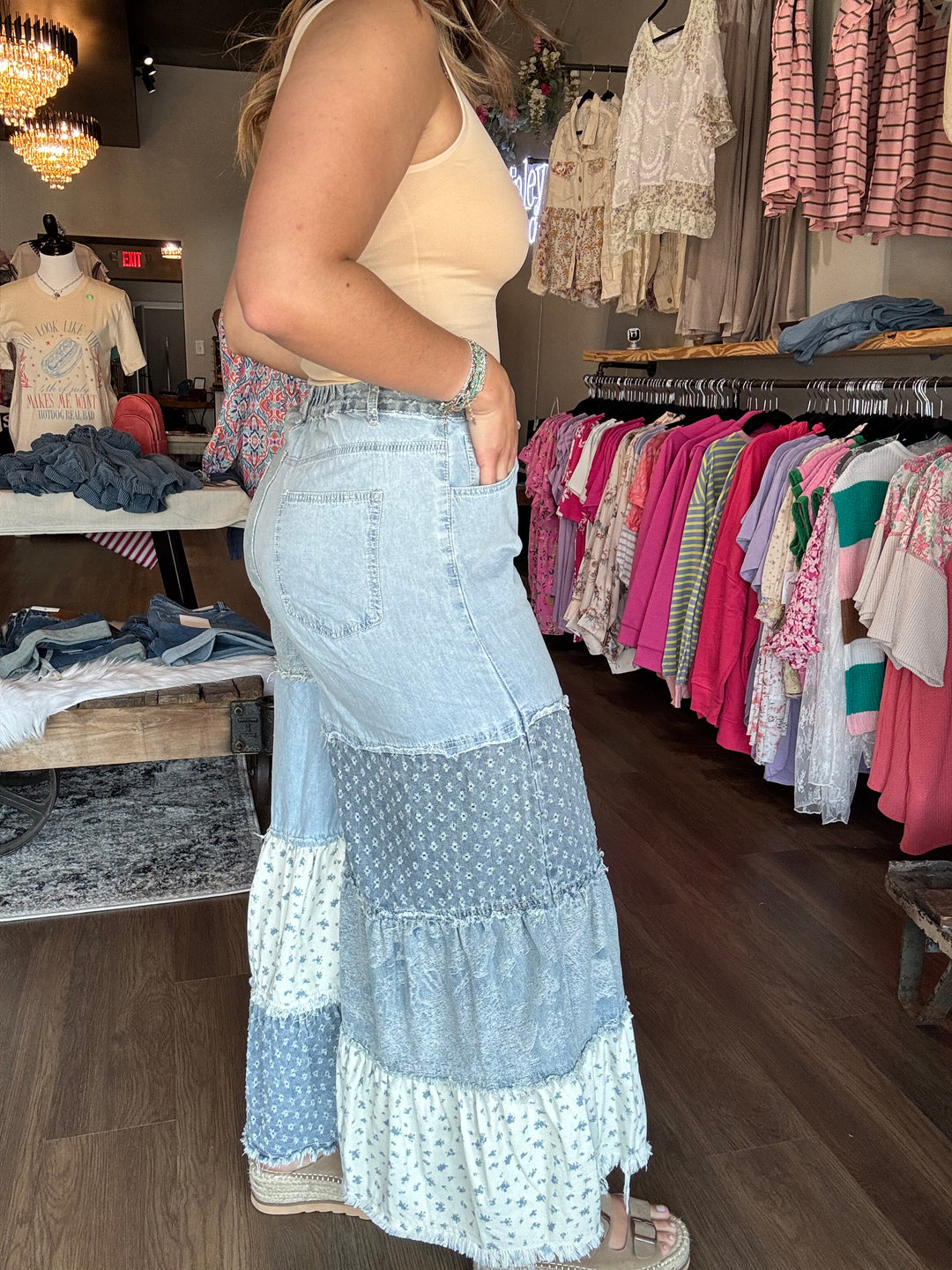 Wide Leg Denim Patchwork Pants
