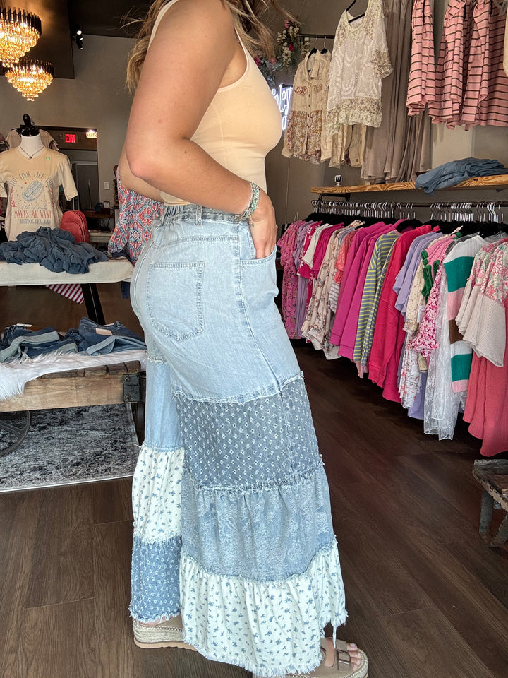 Wide Leg Denim Patchwork Pants
