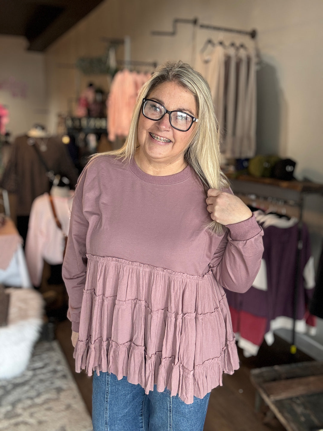 Flirty Mauve Tiered Ruffle Hem Sweatshirt