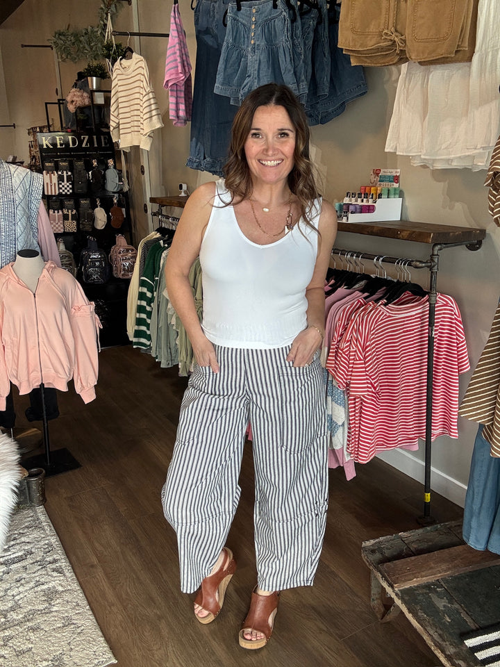 Navy Striped Wide Leg Pants