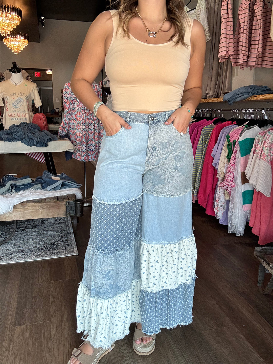 Wide Leg Denim Patchwork Pants