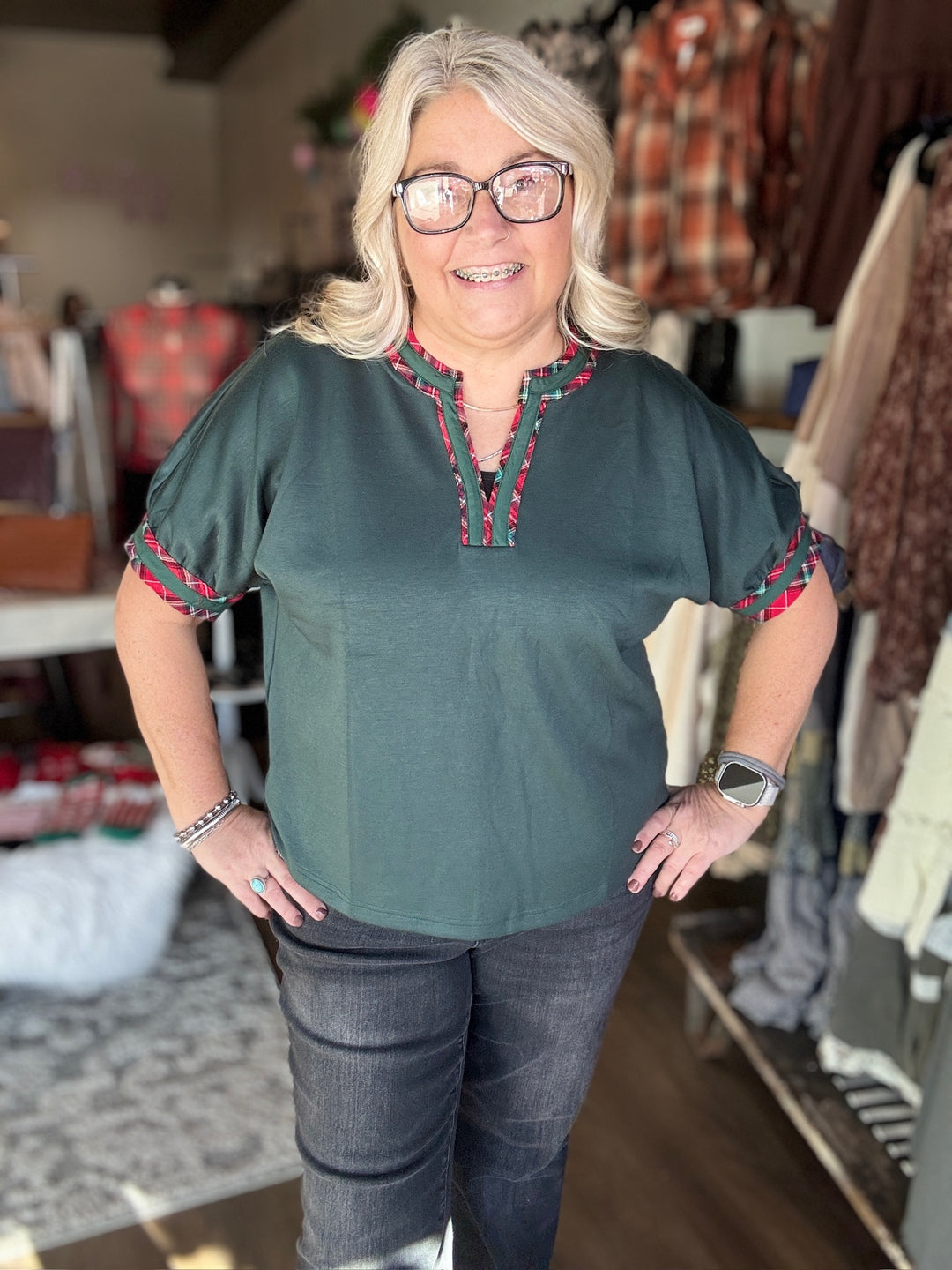 Green & Red Plaid Blouse