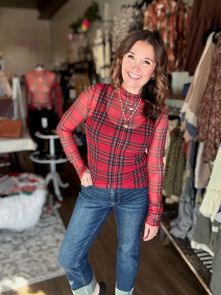 Red Plaid Mesh Top