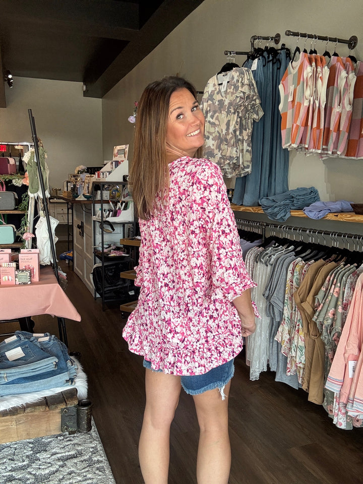 Pink Floral Ruffle Hem Top