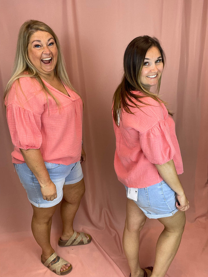 Double Gauze Gathered V Neck Top