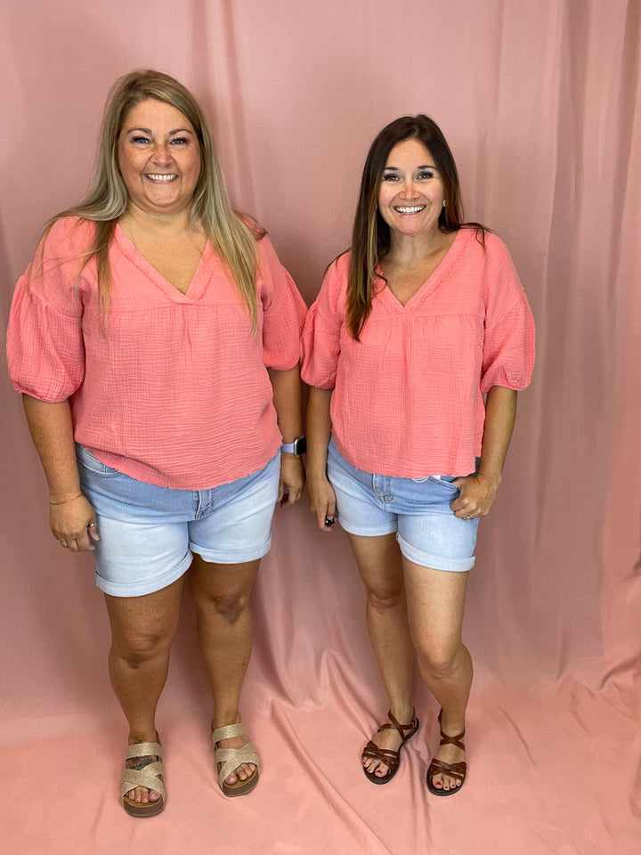 Double Gauze Gathered V Neck Top