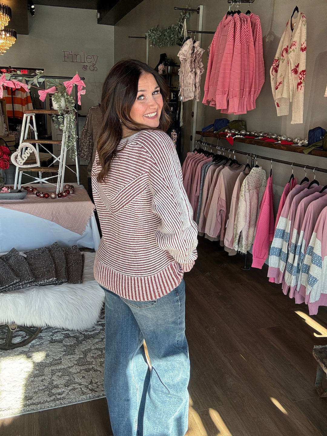 Striped Ribbed Boat Neck Sweater