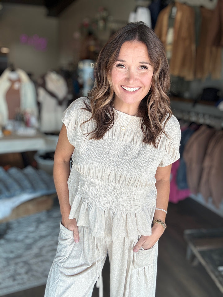 Knit Smocked Top and Wide Leg Pant Set