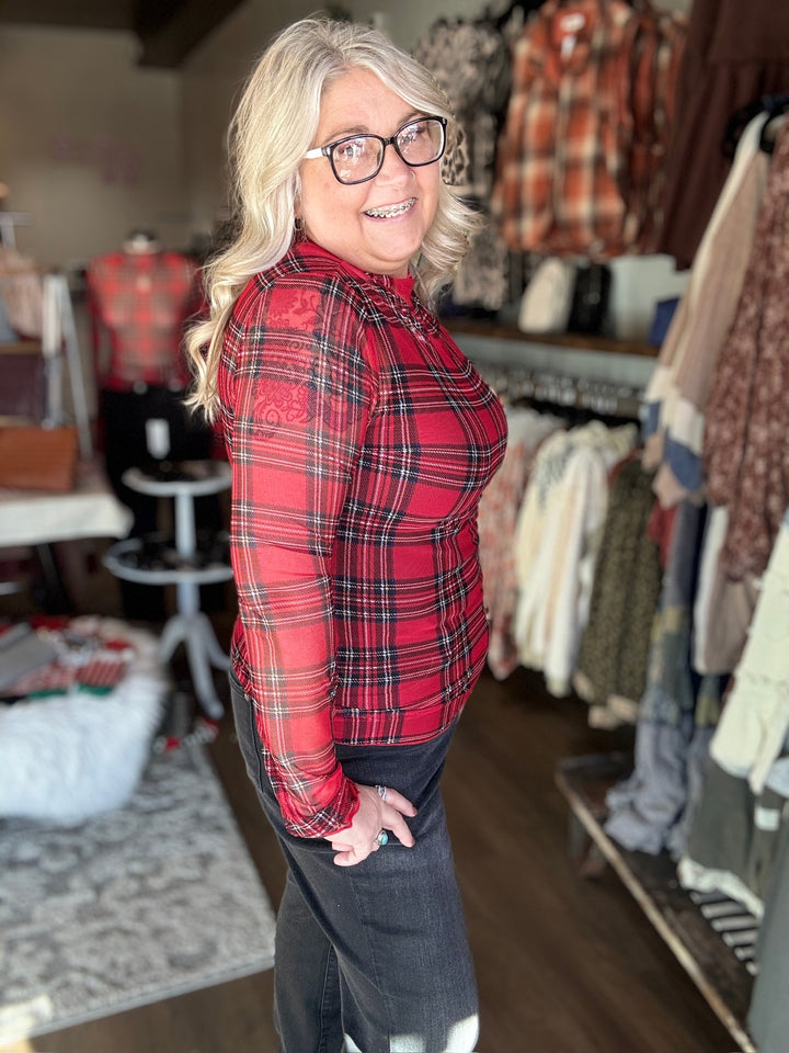 Red Plaid Mesh Top