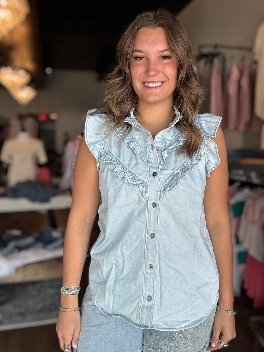 Mineral Washed Denim Button Up Top