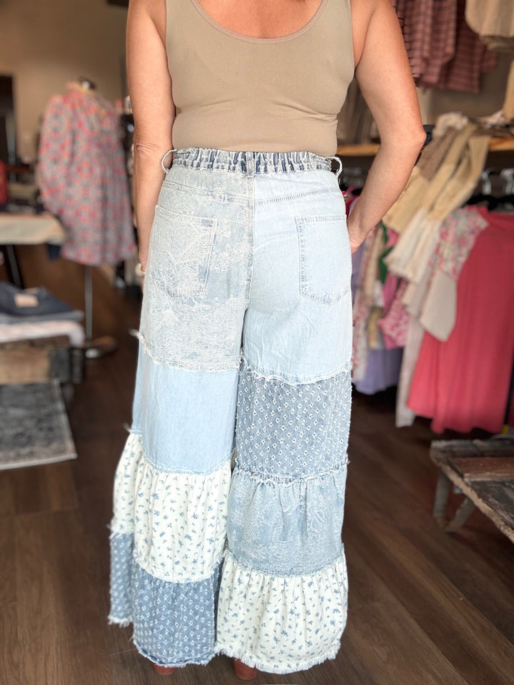 Wide Leg Denim Patchwork Pants