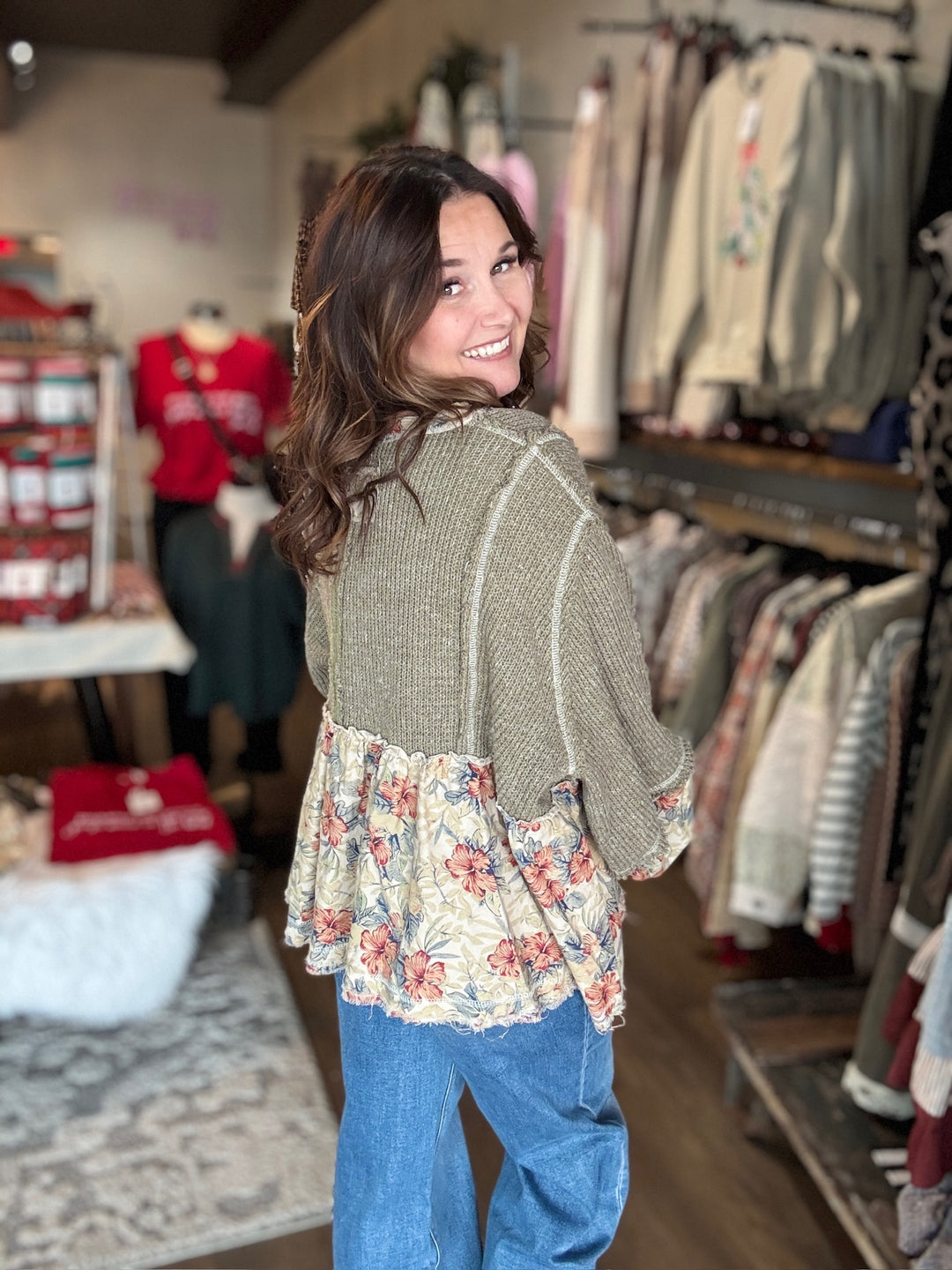 Green Knit Ruffle Floral Top