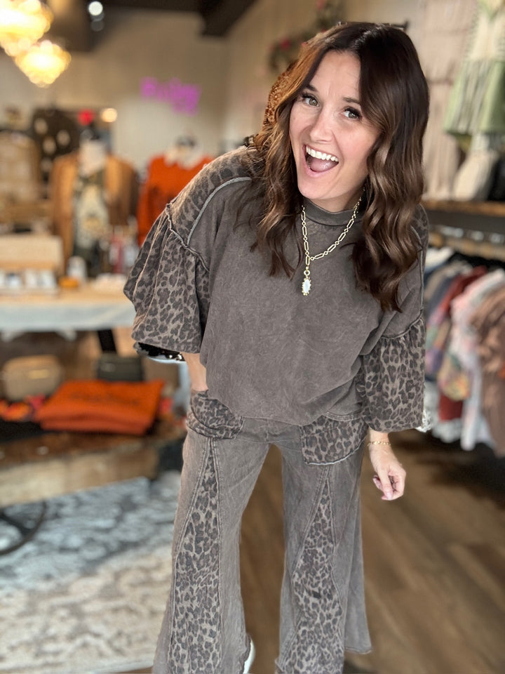 Brown Leopard Wide Leg Sweatpants