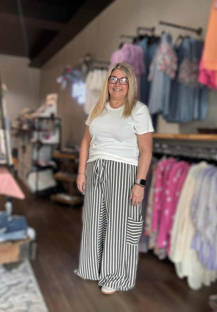 Olive Stripe Wide Leg Pants
