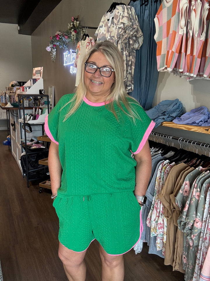 Double Take Full Size Texture Contrast T-Shirt and Shorts Set