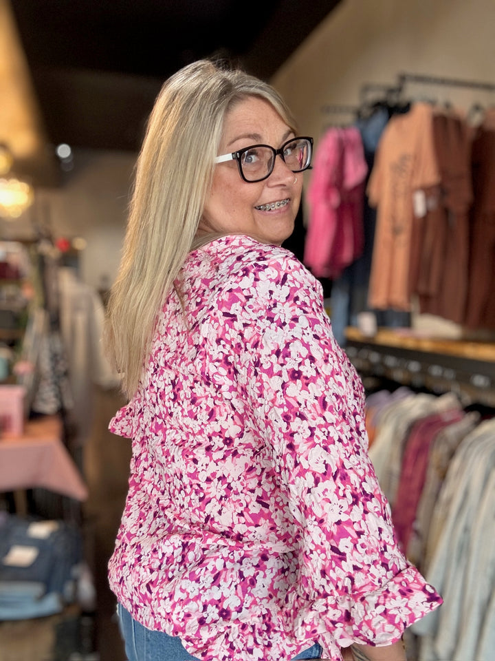 Pink Floral Ruffle Hem Top