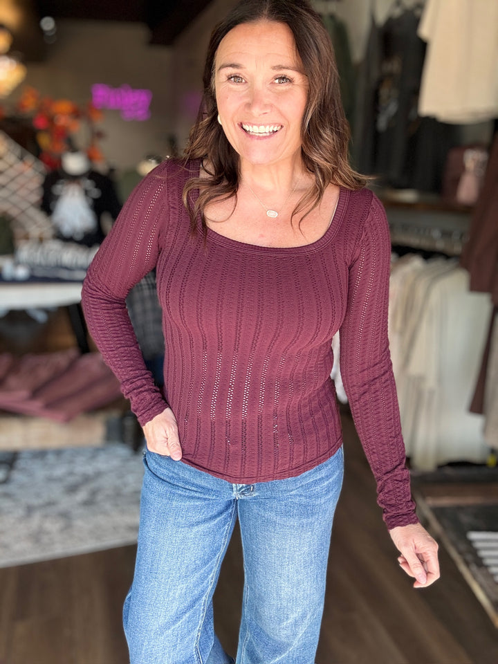 Pointelle Stripe Scoop Neck Top